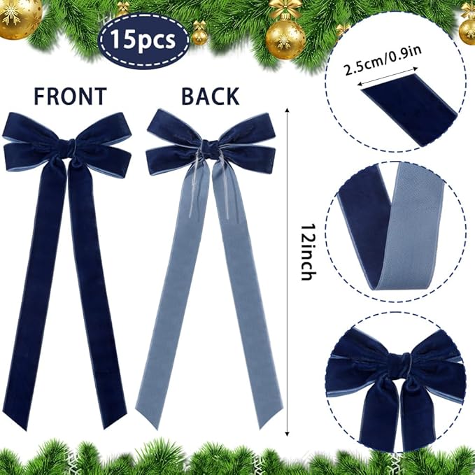 JOICEE 15Pcs Velvet Bows for Christmas Tree, Christmas Wreath Bows Rustic Crafts Gift Bows Velvet Vintage Ribbon Bows for Xmas Home Garland Decorations Holiday Outdoor Indoor Decor(Blue)