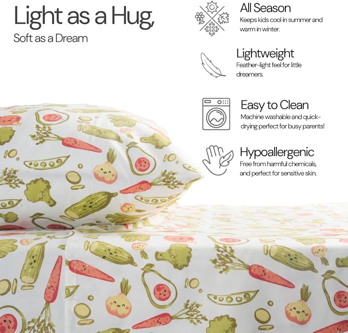 Salt Earth 100% Cotton 210TC Kids Bedsheet, Twin Sheets Set for Toddler Bed, 3 Piece Bedding Set Including Flat Sheet, Fitted Sheet, and Pillowcase, Themed Sheets for a Playful Kids Bed (Veggie)
