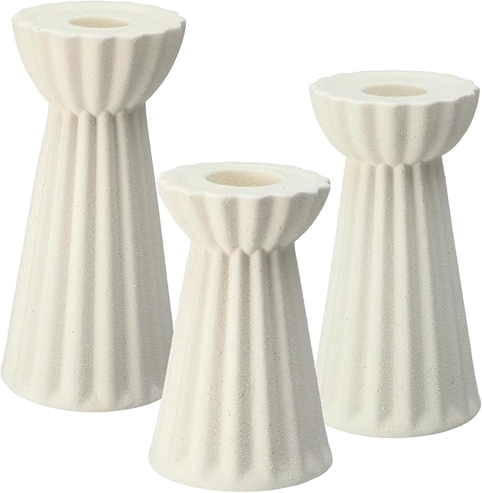 Honeydak Set of 3 Ceramic Taper Candle Holder Cream White Candlestick Holder Fluted Candle Stick Stand Boho Nordic Modern Decorative Table Centerpiece Wedding Home Dinner Party Housewarming Gift