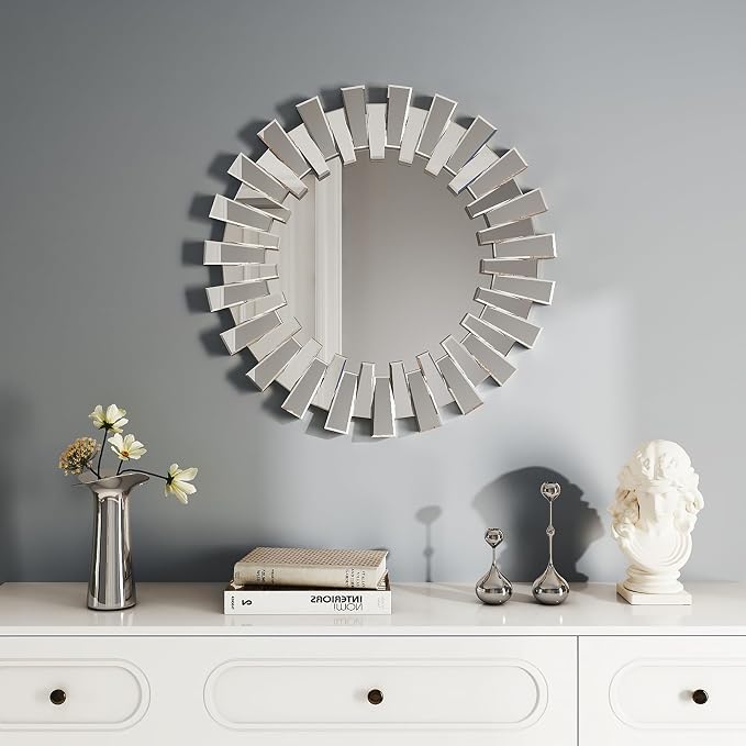 Silver Round Sunburst Wall Mirror - 26" Large Beveled and Birrored Edge Elegant Modern Bohemian Sun Wall Decorative Mirror for Entrance Bedroom Living Room Hallway Bathroom Fireplace Dining Room