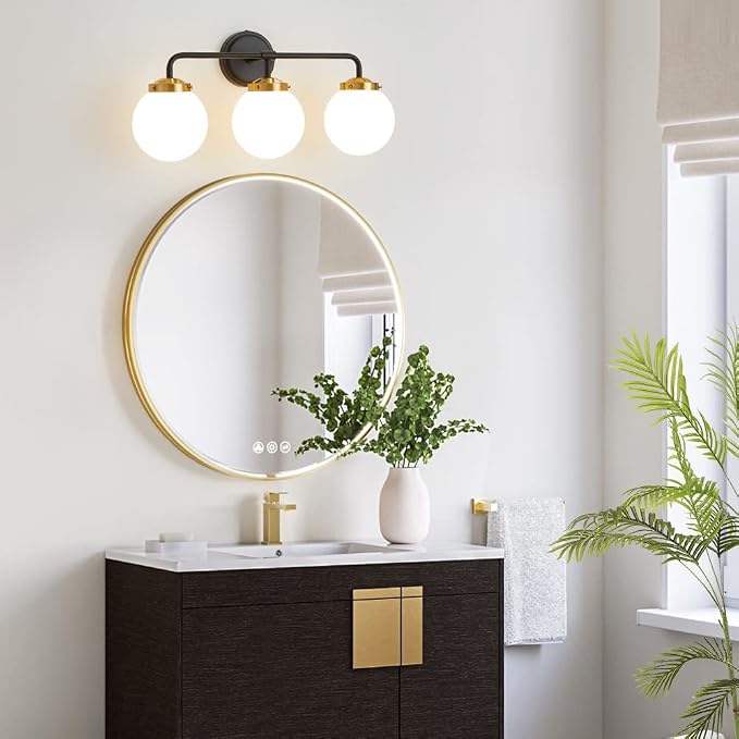 Black Gold Bathroom Light Fixtures Over Mirror, 22.4'' Modern Vanity Lighting with White Glass Globe Shade 3-Light Farmhouse Wall Sconce
