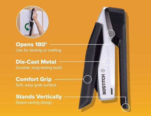 Bostitch Office InPower Eco-Friendly Stapler - One-Finger Technology, Jam-Free, Black | Includes 210 Staples