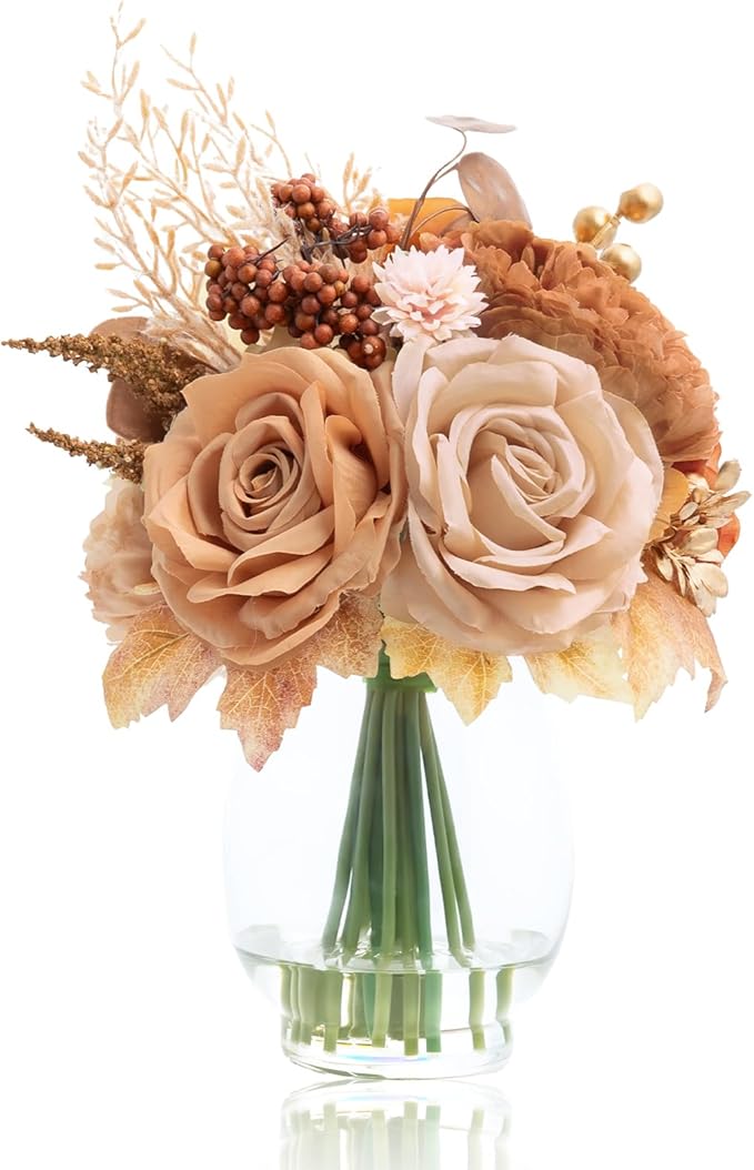 Artificial Flowers in Vase with Fake Water, Fake Terracotta Coffee Earth Tone Silk Rose Gold Berry Flowers Arrangement for Winter Home Decor Dining Table Centerpiece Wedding Christmas Party Gift