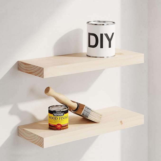 Homeforia Wood Floating Shelf 16 inch, High End Solid Natural Wood 16inch Floating Shelves for Wall Mounted, Unfinished Wooden Small Floating Shelves, Heavy Duty Bracket, 16 X 6.5 X 1.75 in, Set of 2