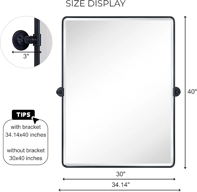 TEHOME Pivot Mirror Matt Black Tilt Vanity Mirror Large Black Metal Framed Rectangle Tilting Beveled Vanity Mirrors for Wall, Vertical Hanging, Overall 34.14 x 40 inches (Mirrror 30 x 40 inches)