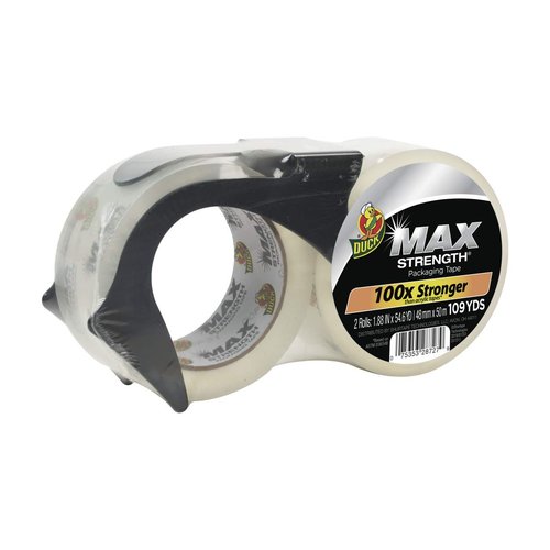 Duck Max Strength Packing Tape - Heavy Duty Clear Tape with Dispenser, 1.88 Inch x 54.6 Yards, 2 Rolls