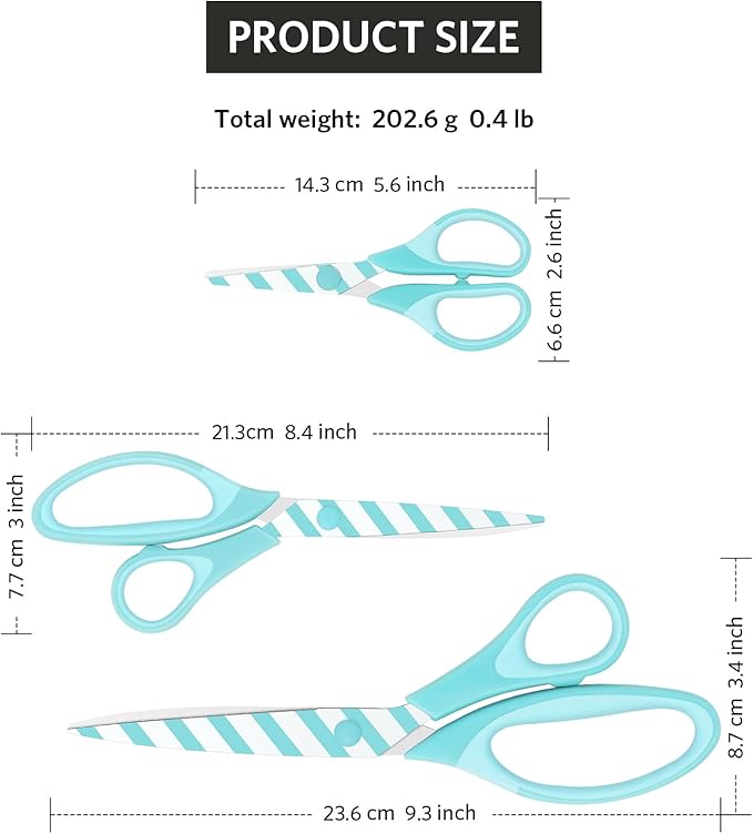 Uaugulft Scissors, Sharp Blades with Pattern, Soft Grip Handle, Multi-Purpose Scissors Set of 3 Suitable for Families, Office, and School Use, Blue