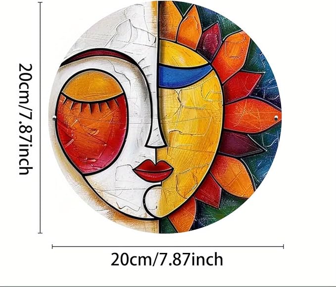 Sun and Moon Abstract Metal Wall Art - 8x8 Iron Sign for Home Decor, Waterproof & Weather-Resistant, Hippie Theme with HD Print Texture, White
