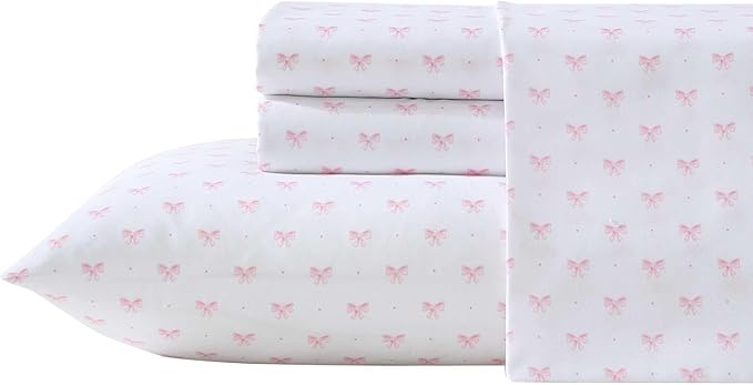 Laura Ashley Kids - Twin Sheet Set, Soft & Wrinkle-Resistant Toddler Bedding Set, Deep Pockets, Girl Bed Sheets with Matching Fitted Sheet & Pillowcase (Lovely Bows Pink)