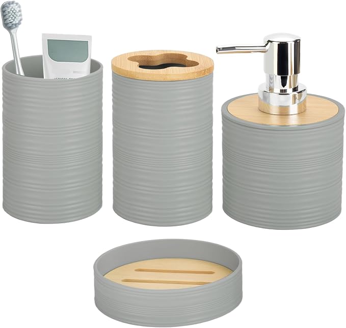 4 Pieces Bamboo Bathroom Accessories Set, Bathroom Accessory Set with Soap Dispenser and Toothbrush Holder, Soap Dish and Toothbrush Cup, Boho Bathroom Decor(Grey)