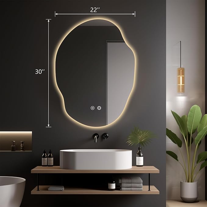 Irregular LED Bathroom Mirror with Lights,Asymmetrical Led Bathroom Vanity Mirror for Wall with Backlit, Anti Fog, 3 Colors and Dimmable Light,[Horizontal/Vertical] 30" H x 22" W
