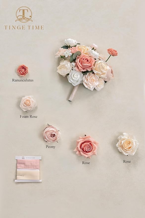 TINGE TIME 9 inch Bridal Bouquets for Bride, Artificial Silk Flowers Tossing Bouquet, Bride Bouquets for Wedding, Ceremony, Anniversary (Champange&Pink)