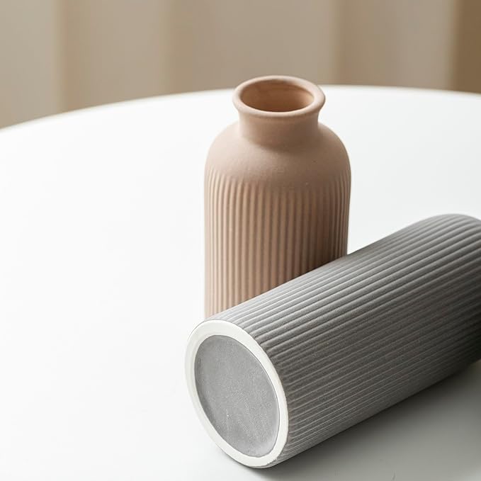 Modern Ceramic Vase Set, Black Ribbed Matte Design, 3-Piece Decorative Vases for Home, Living Room, Office (Black Mix)