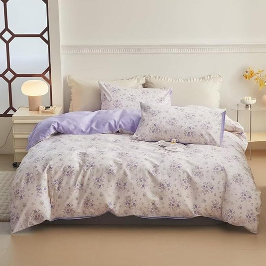 LifeTB Vintage Floral Comforter Set Queen Purple Flower Bedding Comforter for Queen Bed Boho Garden Floral Botanical Comforter with 2 Pillowcases Farmhouse Bedding Girls Floral Comfy Comforter Set
