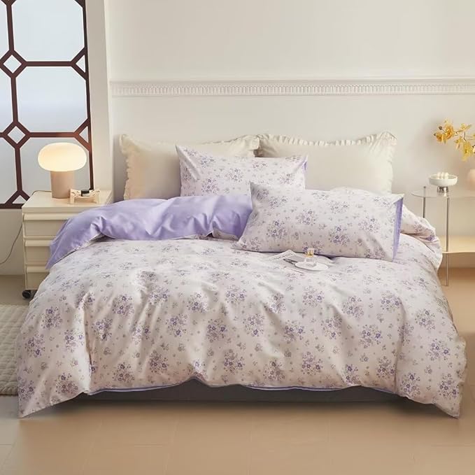 Purple Floral Comforter Set Full Size White Garden Style Floral Printed Bedding Comforter Vintage Flowers Botanical Comforter with 2 Pillowcases Cottagecore Full Bed Comforter Set for All Season