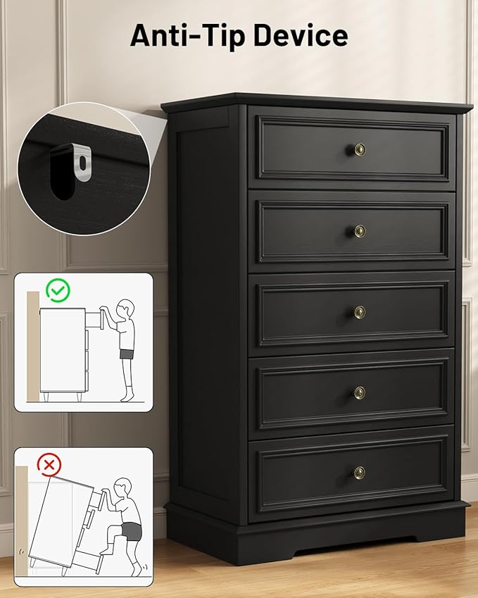 Black 5 Drawer Dresser for Bedroom, 44" Tall Dresser with Metal Handle, Modern Chest of Drawers for Closet Organizer, Farmhouse Wood Dressers for Bedroom, Living Room, Hallway