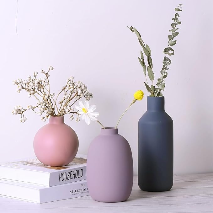 Ceramic Vase Set of 3, Modern Neutral Vases for Home Decor, Purple Gray Blue Pottery Vases for Pampas Grass, Dried or Fresh Flowers, Decorative Vase for Table, Shelf, Kitchen, Living Room, Bedroom