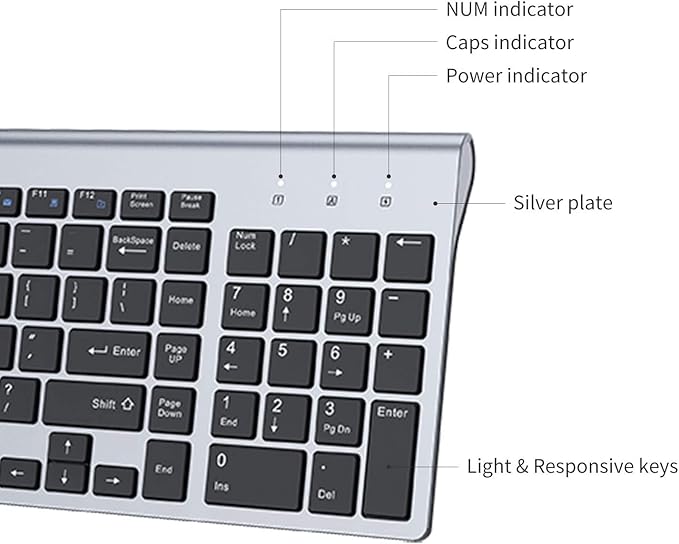 FENIFOX Keyboard and Mouse Wireless, USB 2.4GHz Combo Silent Quiet Low Profile Compact Full Size Flat Slim Thin Portable with Number Pad Soft Cover for PC Laptop Computer Office - Black & Grey