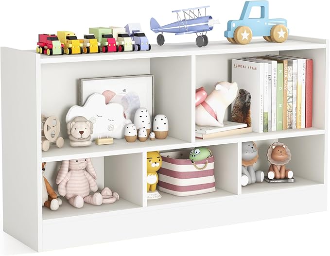 KOTEK Toy Storage Organizer, 5 Cubby Kids Bookshelf, Wooden 3-Tier Bookcase Storage Cabinet, Open Display Book Shelf for Daycare, Nursery, School Classroom, Living Room & Bedroom (White, 5 Cubes)
