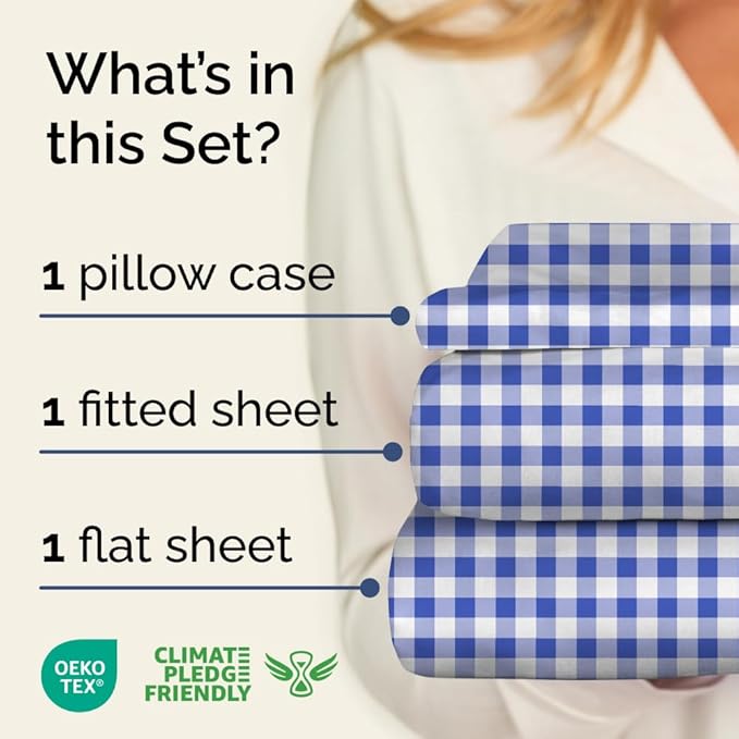 Blue Gingham Sheets - 1 Flat & 1 Fitted Sheet & 1 Pillowcase w/ Deep Pockets - Grid, Plaid, Checkered Pattern Bed Set - Comfy, Wrinkle & Fade Resistant - Ultra-Soft, Breathable & Cooling - Twin Size