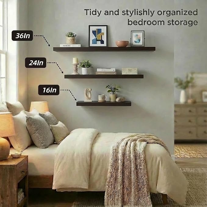 SAUMONIERES Floating Shelves Wall Shelf Solid Wood for Bathroom Bedroom Kitchen Set of 3, Espresso Wall Shelves