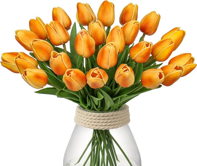 24 Pcs Orange Tulips Artificial Flowers Real Touch Fake Tulips Fake Flowers for Mother's Day 13.5" Faux Tulips Faux Flowers Bulk Artificial Tulips Flowers for Vase Centerpieces Home Wedding Bouquet