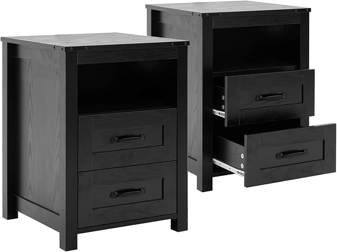 Farmhouse Night Stand Set of 2, Rustic Black Nightstand for Bedroom, End Tables Without Charging Station, Bedside Table with Drawers, Wood Bedside Cabinet Dresser