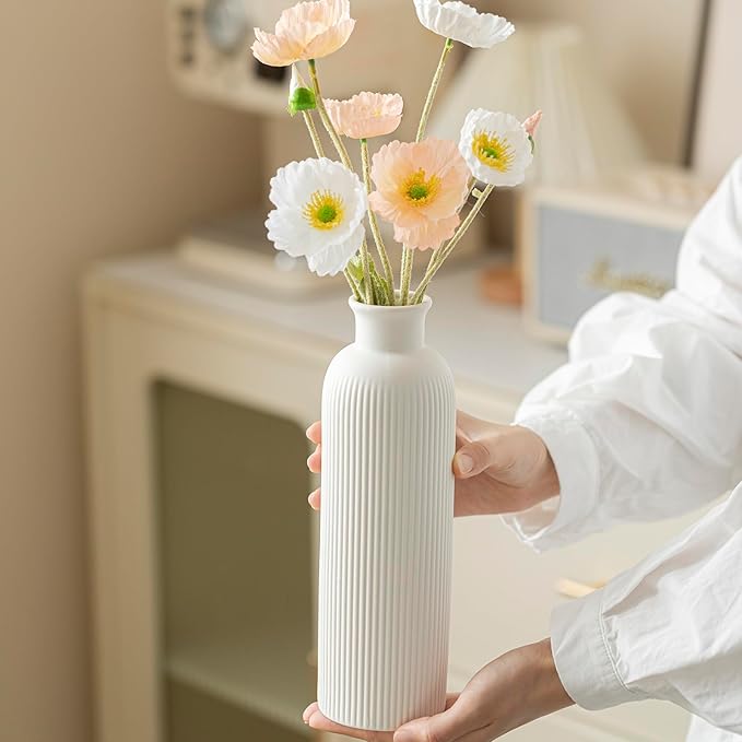 Modern Ceramic Vase Set, White Ribbed Matte Design, 3-Piece Decorative Vases for Home, Living Room, Office (White)