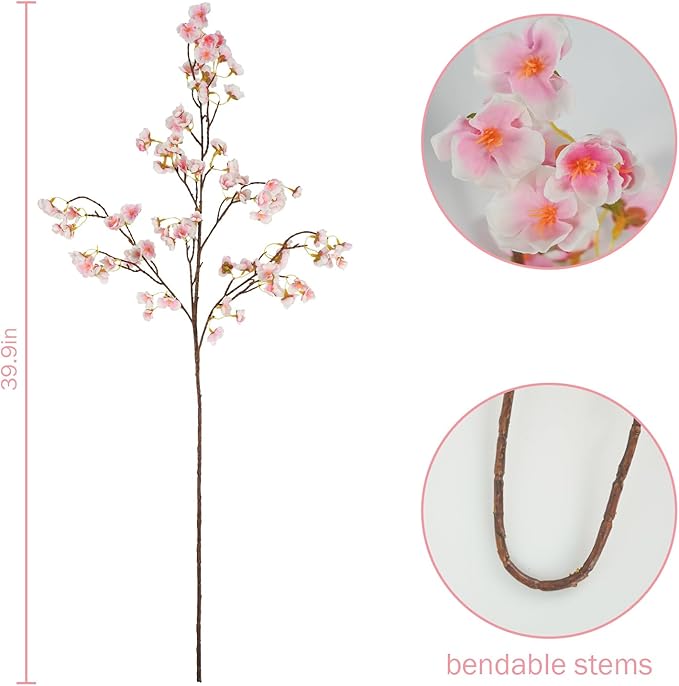 12 Pcs Artificial Cherry Blossom Flowers 40" Faux Silk Cherry Blossom Stems Fake Real Touch Peach Branches for Wedding Home Garden Japanese Decor White Pink