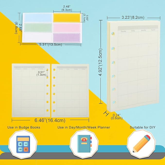 A7 Planner Refill,4 Packs per Set, Monthly Plan Paper, A7 Pocket Binder Refills Inserts 6 Ring with Label Stickers Gift,Mini Binder Refills,6 hole/100gsm Thick Paper/4.84 x 3.23'', Harphia