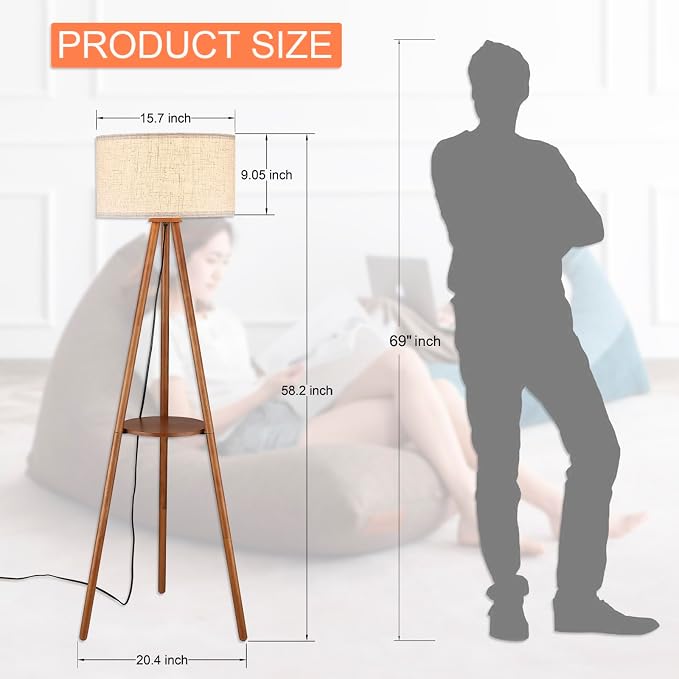 BTP Wood Tripod Floor Lamp, Farmhouse Shelf Wooden Standing light Drum Shade for Living Room, Bedroom, Office, Footswitch,ETL Listed/Brown Wood Color, 3 Color Temparature LED Bulb Include