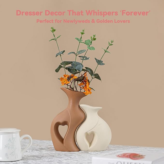 Heart Linked Couple Vase Set - 2-Pcs Beige & Brown Ceramic Vases with Hollow Heart Design, Romantic Gifts for Couples, Wedding Decor for Couple,Decorative Vase for Living Room/Dresser