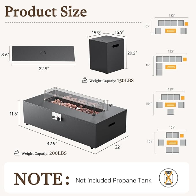 Belord 42 Inch Outdoor Propane Fire Pit - 50,000 BTU Iron Rectangular Fire Pit Table with Hidden Tank Table, CSA Certifed, Lid & Guard Glass, 2 in 1 Outdoor Gas Fireplace for Patio Deck, Black