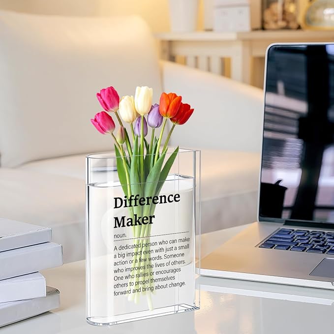 Difference Maker Bosses Day Gifts for Women Men Funny Office Decor for Women Wooden Acrylic Book Flower Vase National Boss Day Decorations Gifts for Leader HR Men Manager Office Bookshelf Desk Decor