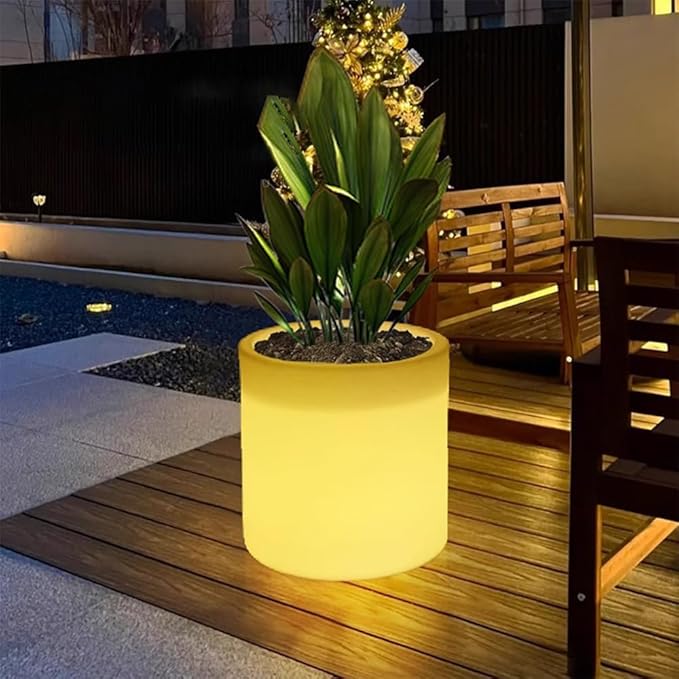 16-in Cylinder LED Planter Pot Light Outdoor, Large Rechargeable LED Flower Pot w/Remote, RGB Color Changing Light Up Planters Versatile Ice Bucket, Waterproof Illuminated Planter for Home Garden Yard