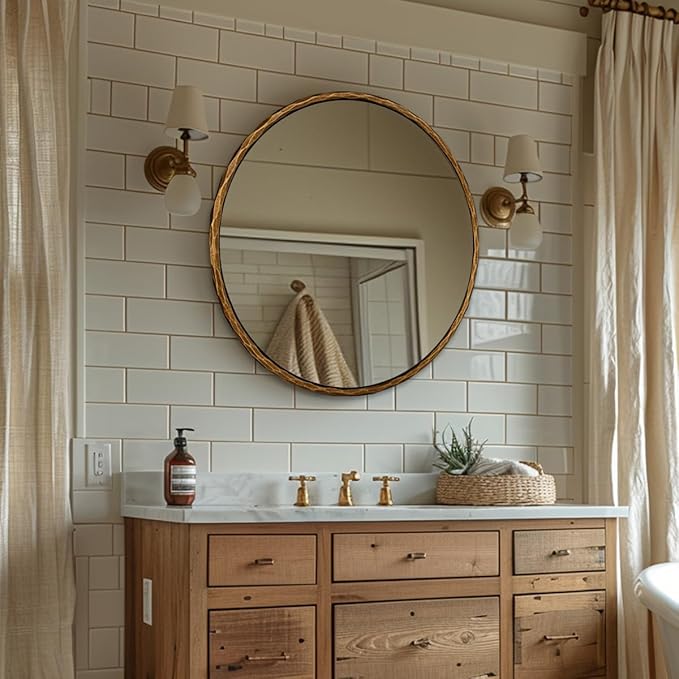 ANDY STAR 36 Inch Hand-Forged Round Gold Mirrors, Hammered Bathroom Round Wall Mirror for Over Sink, Solid Steel Metal Frame Vanity Circle Mirror for Antique, Vintage, Farmhouse, Rustic