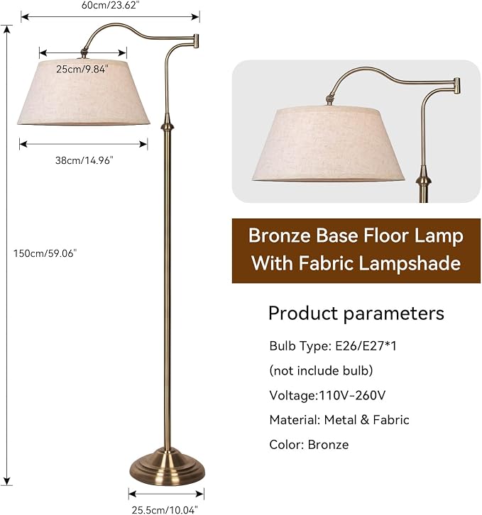 HonoDing Swing Arm Floor Lamp, Arc Floor Lamps with 180° Adjustable Cantilever for Living Room, Mid Century Standing Lamp with Linen Shade, Tall Lamps for Bedroom Living Room Office (Antique Brass)