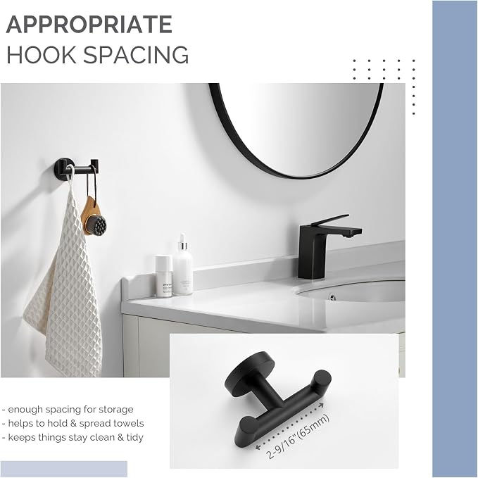 Angle Simple Double Towel Hook, SUS304 Stainless Steel Bathroom Hand Towel Holder, Coat Hook for Wall, Matte Black