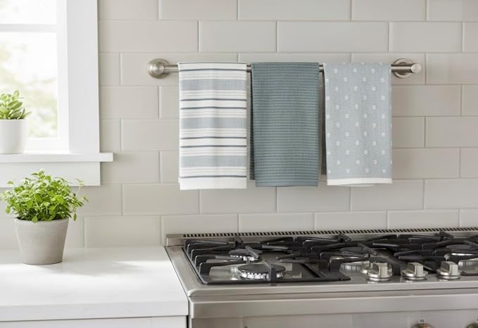 Blue White Kitchen Hand Dish Towels: Oversized 28" x 16",100% Cotton Cloth Soft Cleaning Drying Absorbent Striped Solid Polka Dot Design, Set of 3 Multipurpose for Everyday Use (Blue Austin)