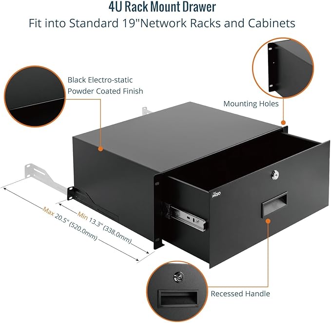 Tecmojo 4U Rack Drawer,Rack Mount Drawer for 19in Network Equipment/Server/AV Rack or Cabinet Enclosure,Sliding and Lockable Server Rack Drawer - Load-Bearing 44lb (20kg),with Cable Management Holes