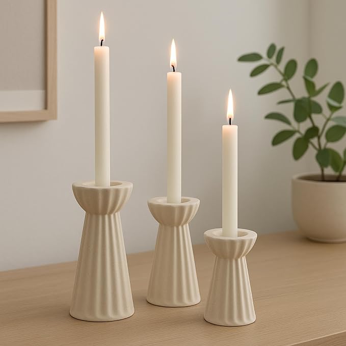 Honeydak Set of 3 Ceramic Taper Candle Holder Cream White Candlestick Holder Fluted Candle Stick Stand Boho Nordic Modern Decorative Table Centerpiece Wedding Home Dinner Party Housewarming Gift