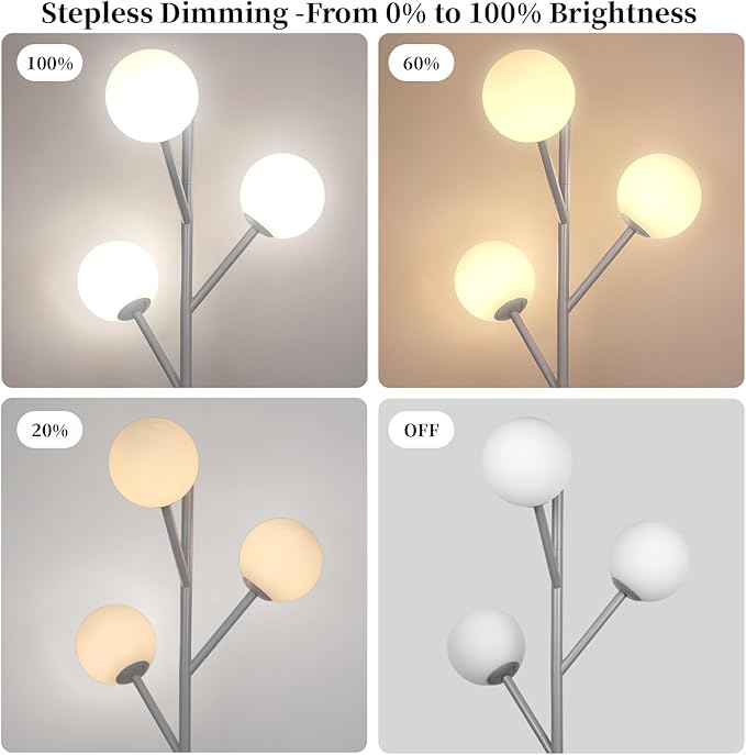 Ldeco Dimmable 3-Globe Mid Century Modern Floor Lamp, Bulbs Included,70in Tall Silver Standing Floor Lamp with Frosted Glass Shade for Living Room,Office Bedroom, Study Room, Hotel, (dimmer-Silver)