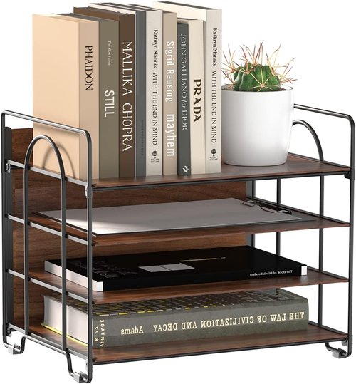 LUCYCAZ 4-Tier Paper Organizer - Stylish Wood & Metal Desk File Organizer for Home, Office, School | Black