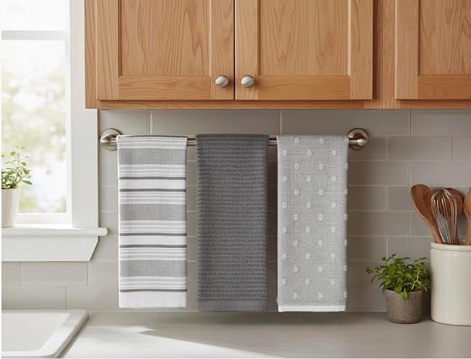 Grey White Kitchen Hand Dish Towels: Oversized 28" x 16",100% Cotton Cloth Soft Cleaning Drying Absorbent Gray Striped Solid Polka Dot Design, Set of 3 Multipurpose for Everyday Use (Grey Austin)
