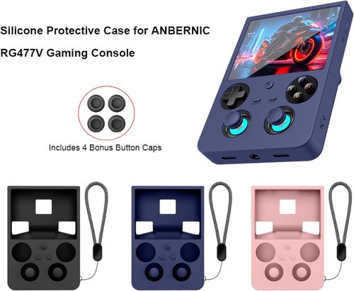 ANBERNIC Silicone Case - Anti-Scratch Shockproof Protective Sleeve for RG477V | Blue with Lanyard & Joystick Caps