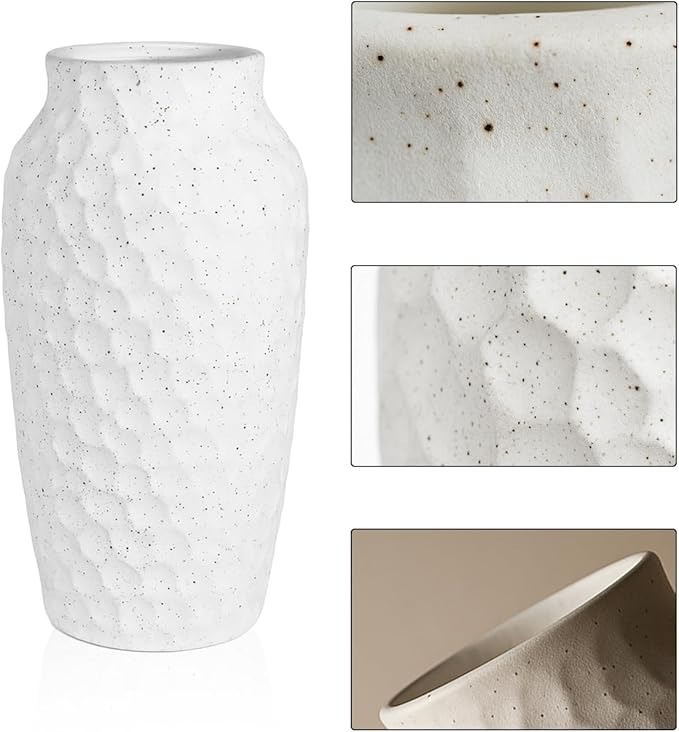 White Ceramic Vase for Flowers, Textured Speckled Hammered Finish Decorative Vase for Living Room, Table Centerpiece & Modern Home Decor