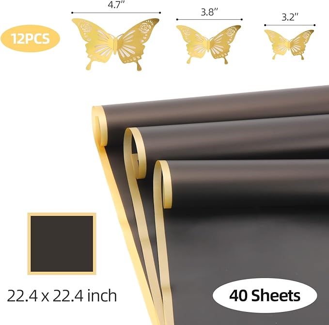 40 Sheets Flower Wrapping Paper, Waterproof Floral Paper Black Wrapping Paper for Flower Bouquet with 12 Pcs Gold Butterfly