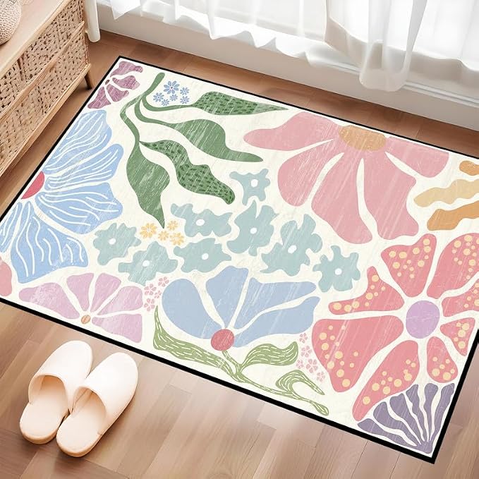 Floral Area Rug Modern Abstract Rug Pastel Flower Print Carpet Colorful Bohemian Plant Rugs for Entryway Bedroom Living Room Nursery Kitchen Playroom Home Decor,2'x3'