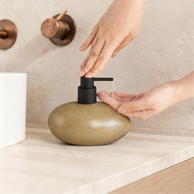 Ceramic Hand Soap Dispenser, Elegant Liquid Soap Dispenser for Bathroom Countertop, Heavy & Sturdy Dish Wash SoapDispenser for Kitchen (Stone Shape)