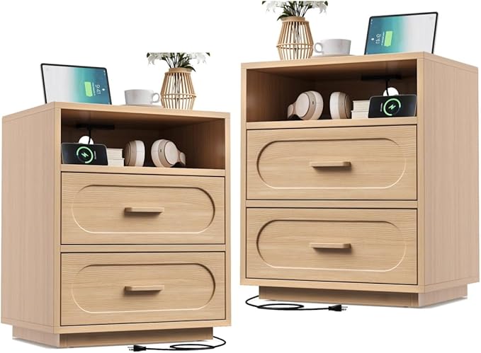 Nightstand Set of 2 with Charging Station, 25.8" Tall Wood End Table with 2 Storage Drawers and Open Shelf, Mid Century Modern Bedside Table for Bedroom, Living Room, Natural Oak